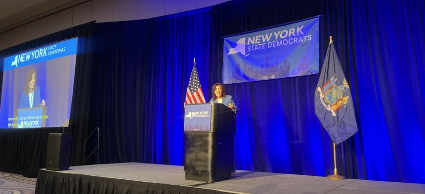 Gov. Kathy Hochul speaks at the New York delegation breakfast at the Democratic National Convention in Chicago.