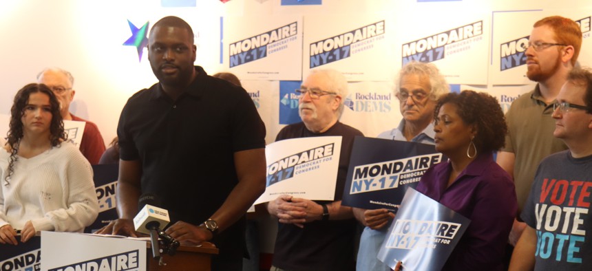 Former Rep. Mondaire Jones speaks at a campaign event in Nanuet, NY on Aug. 8, 2024.