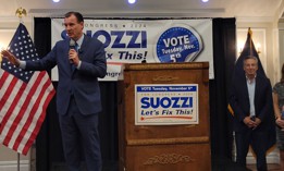 Rep. Tom Suozzi speaks to supporters at the official launch of his reelection campaign on Sept. 3, 2024.