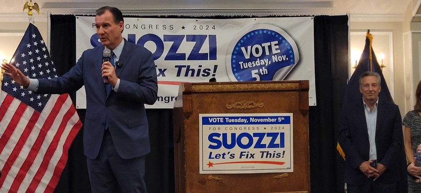 Rep. Tom Suozzi speaks to supporters at the official launch of his reelection campaign on Sept. 3, 2024.