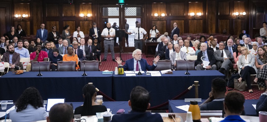 The City Council Committee on Rules holds a hearing on the nomination of Randy Mastro (center) on Aug. 27, 2024.