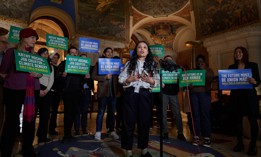 Assembly Member Sarahana Shrestha speaks at a rally in favor of the Build Public Renewables Act.