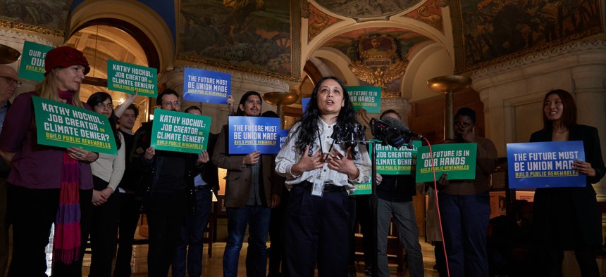 Assembly Member Sarahana Shrestha speaks at a rally in favor of the Build Public Renewables Act.