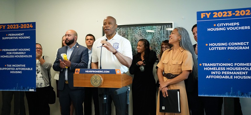 New York City Mayor Eric Adams makes an announcement about transitioning formerly homeless New Yorkers into housing.