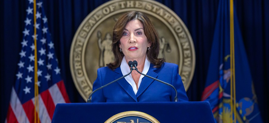 Gov. Kathy Hochul speaks to the press on Sept. 4, 2024.