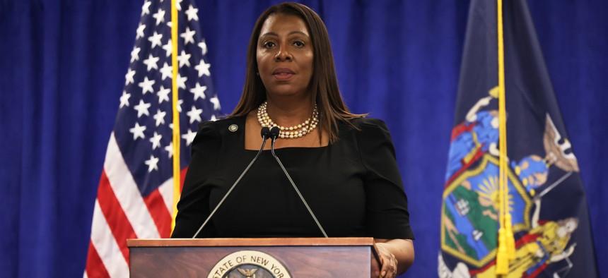 New York State Attorney General Letitia James speaks to the press on Feb. 16, 2024.