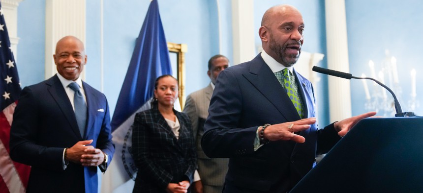 Michael Garner, appointed by New York Mayor Eric Adams as the city’s first Chief Business Diversity Officer, speaks at an MWBE breakfast held in Gracie Mansion on February 8, 2024.