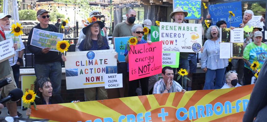 Environmental activists protest nuclear power outside the New York State Energy and Research Authority’s Future Energy Summit on Sept. 5, 2024.