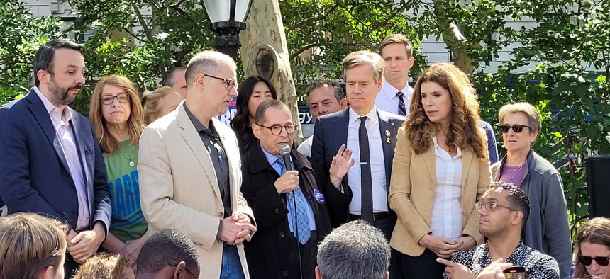 Surrounded by fellow elected officials, Rep. Jerry Nadler speaks during a rally for Vice President Kamala Harris in Manhattan on Sept. 8, 2024.