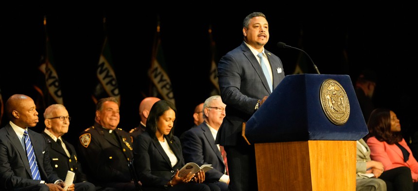 Edward Caban speaks at the NYPD Academy graduation ceremony in July 2023.