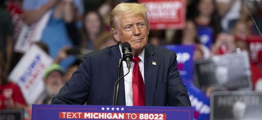  Republican Presidential nominee former president Donald J. Trump holds his first public campaign rally with his running mate, Vice Presidential nominee U.S. Senator J.D. Vance (not pictured), at the Van Andel Arena on July 20, 2024 in Grand Rapids, Michigan.