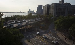 Rush hour traffic moves slowly on the Brooklyn Queens Expressway.