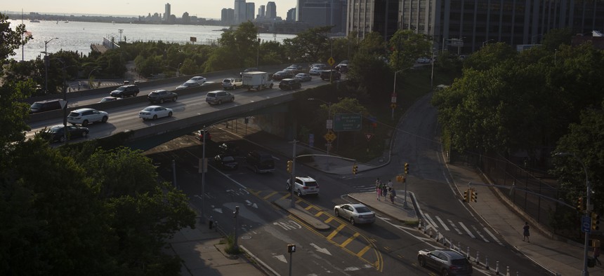 Rush hour traffic moves slowly on the Brooklyn Queens Expressway.