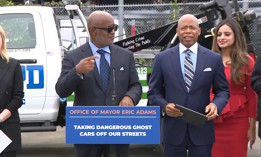 From left, Sanitation Commissioner Jessica Tisch, Deputy Mayor for Public Safety Phil Banks, New York City Mayor Eric Adams and Assembly Member Jenifer Rajkumar hold a press conference on “ghost cars.”