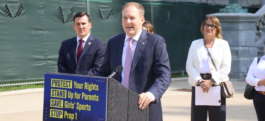 Former Rep. Lee Zeldin speaks against the Equal Rights Amendment at a rally in Albany.