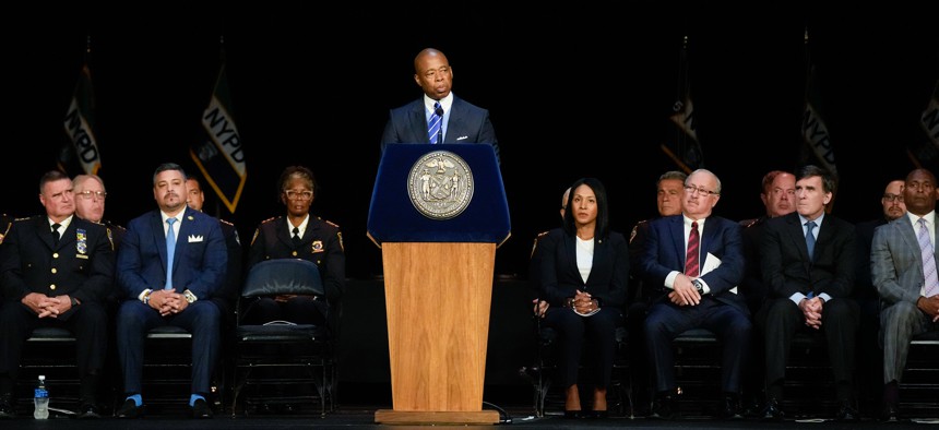 New York City Mayor Eric Adams delivers remarks at the New York City Police Department Academy graduation ceremony on July 25, 2023.