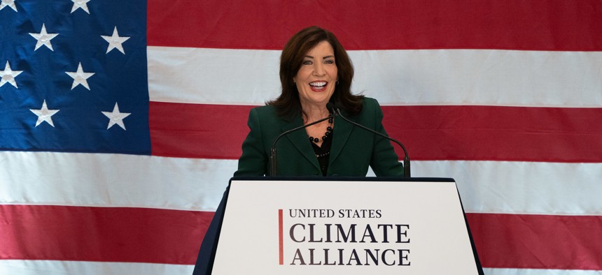 Gov. Kathy Hochul speaks at a U.S. Climate Alliance event on Sept. 23, 2024.