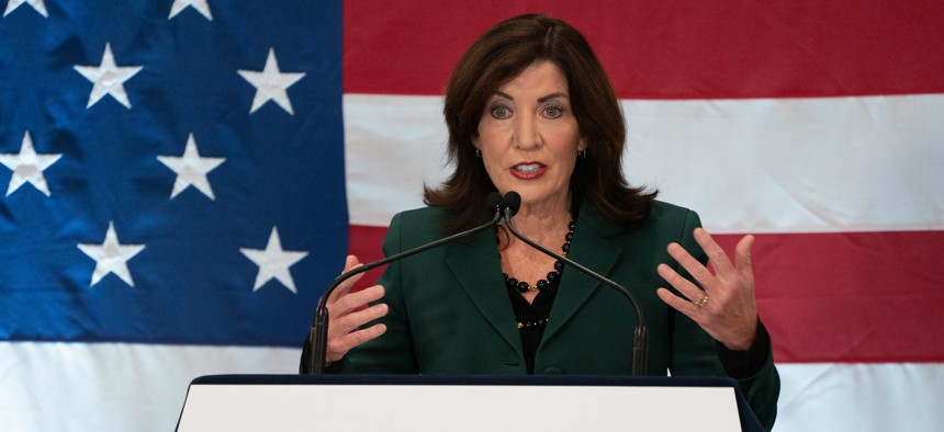 Gov. Kathy Hochul speaks at a U.S. Climate Alliance event as part of Climate Week on Sept. 23, 2024.