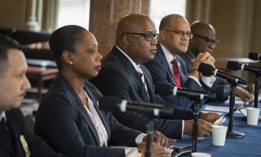 From left, former Police Commissioner Keechant Sewell, Deputy Mayor for Public Safety Phil Banks, and Schools Chancellor David Banks.