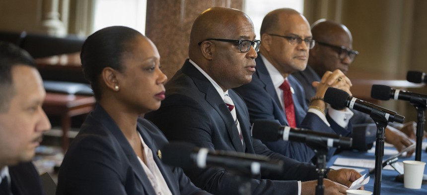 From left, former Police Commissioner Keechant Sewell, Deputy Mayor for Public Safety Phil Banks, and Schools Chancellor David Banks.