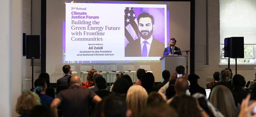 Ali Zaidi, Assistant to the President and National Climate Advisor, delivers a keynote address at the second annual Climate Justice Forum, sponsored by Rise Light & Power, We Act for Environmental Justice and the NAACP Housing Authority Branch and presented by City & State at MOMA PS1 in Long Island City, Queens, on Tuesday.