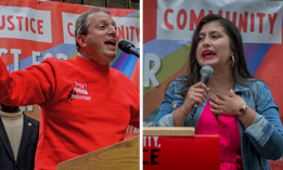 New York City Comptroller Brad Lander, left, and state Sen. Jessica Ramos, right, attend rallies in support of CUNY workers.