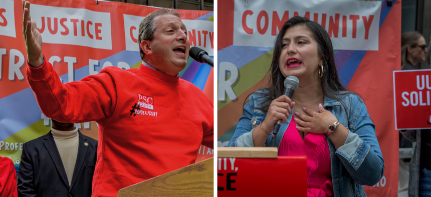 New York City Comptroller Brad Lander, left, and state Sen. Jessica Ramos, right, attend rallies in support of CUNY workers.