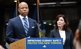 Gov. Kathy Hochul looks on as Mayor Eric Adams makes a subway safety announcement on Jan 27, 2023.