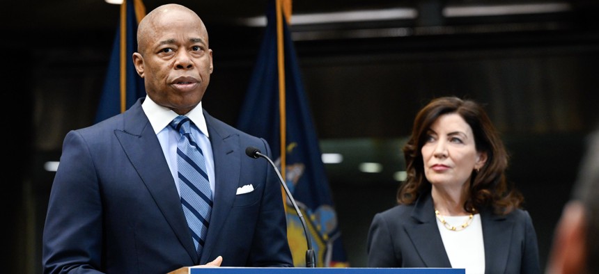 Gov. Kathy Hochul looks on as Mayor Eric Adams makes a subway safety announcement on Jan 27, 2023.