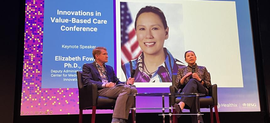 Elizabeth Fowler, Deputy Administrator and Director at the Center for Medicare and Medicaid Innovation (CMMI), and Jason Helgerson, CEO of Helgerson Solutions Group, speak to attendees at the 2024 Innovations in Value-Based Care: From the Promise to the Power of Value conference.