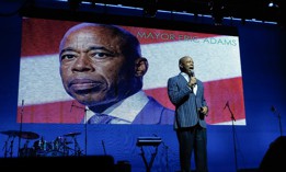 New York City Mayor Eric Adams spoke at the Gospel Explosion concert at the Lehman Center for the Performing Arts in the Bronx on Saturday.