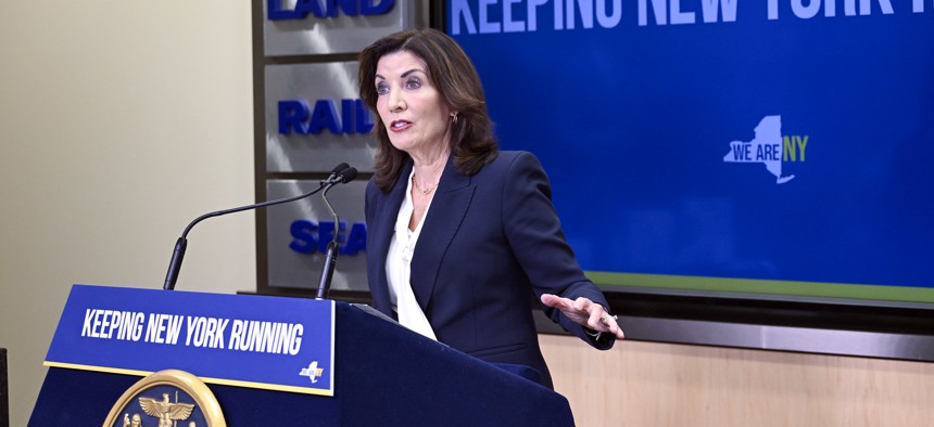 Gov. Kathy Hochul spoke about the indictment of Mayor Eric Adams during an unrelated press conference on Sept. 30, 2024.