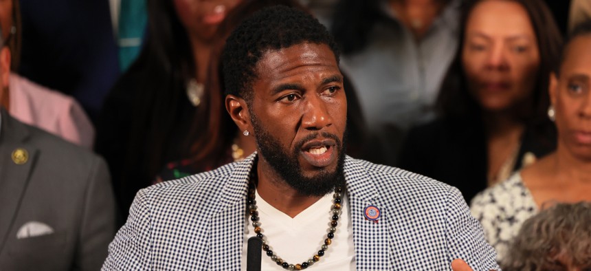 Public Advocate Jumaane Williams speaks at City Hall in 2023.