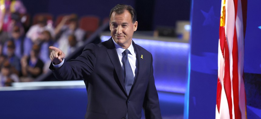 Rep. Tom Suozzi speaks at the Democratic National Convention on Aug. 21, 2024.