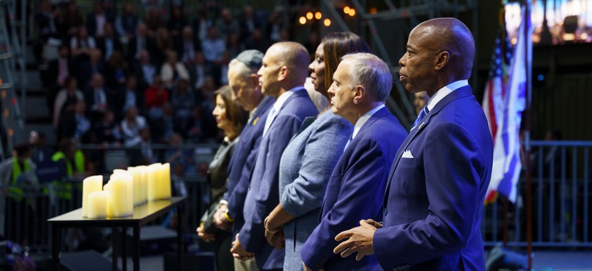 From left, Gov. Kathy Hochul, Sen. Chuck Schumer, Rep. Hakeem Jeffries, Attorney General Letitia James, Comptroller Tom DiNapoli and New York City Mayor Eric Adams