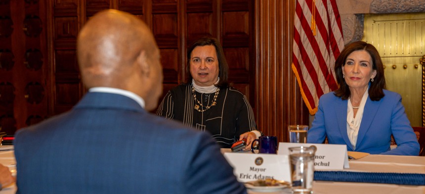 New York City Mayor Eric Adams meets with Gov. Kathy Hochul at the Capitol in Albany on Feb. 6, 2024. 