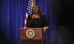 New York state Attorney General Letitia James speaks at a press conference on Feb. 16, 2024.