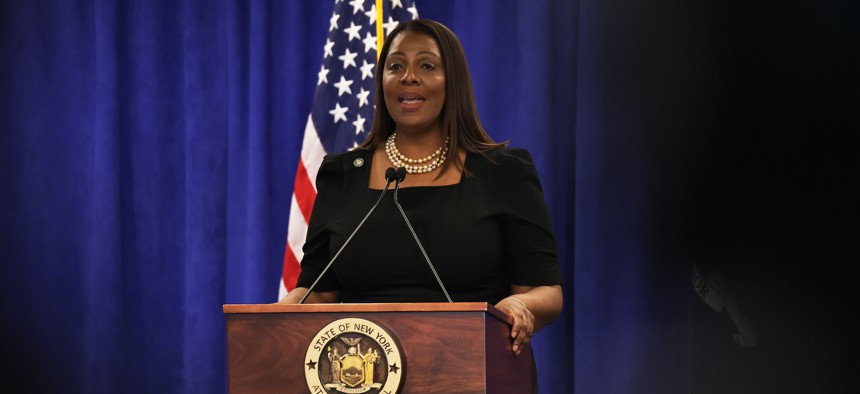 New York state Attorney General Letitia James speaks at a press conference on Feb. 16, 2024.