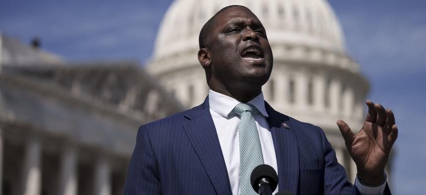 Former Rep. Mondaire Jones speaks during a news conference in front of the U.S. Capitol on Sept. 29, 2022.