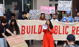 Assembly Member Sarahana Shrestha speaks during a protest outside the New York Power Authority’s headquarters in White Plains on Sept. 24, 2024.