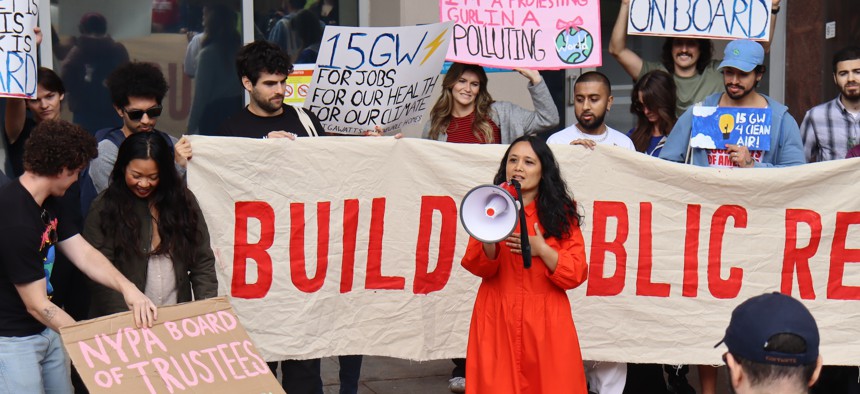 Assembly Member Sarahana Shrestha speaks during a protest outside the New York Power Authority’s headquarters in White Plains on Sept. 24, 2024.