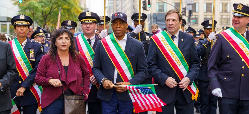 Mayor Eric Adams wore his controversial dual Yankees/Mets hat while marching in the Columbus Day parade on Oct. 14, 2024.