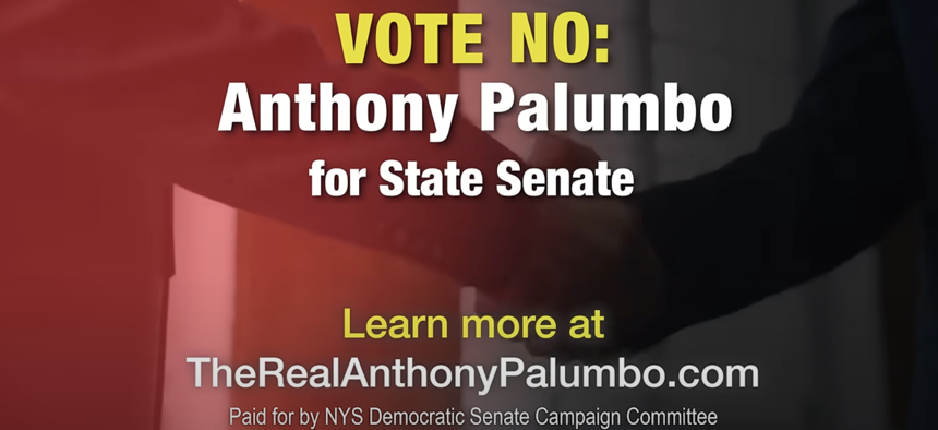 A screengrab from a new ad criticizing state Sen. Anthony Palumbo paid for by the state Senate Democratic Campaign Committee