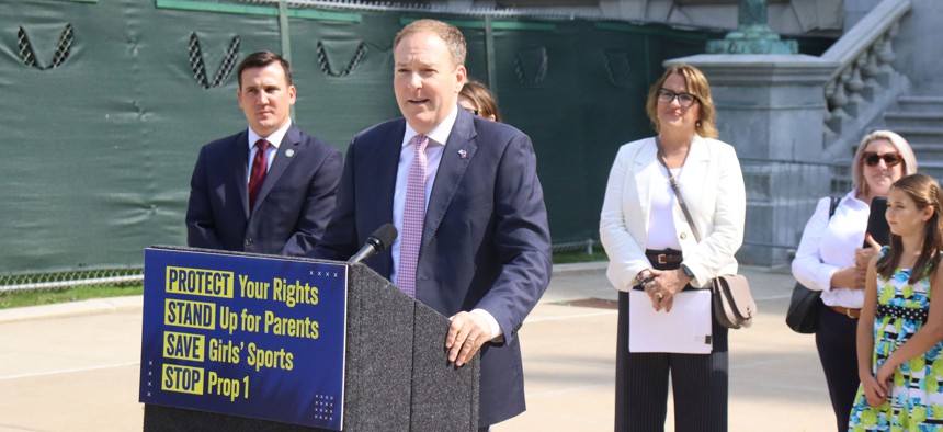 Republican former Rep. Lee Zeldin speaks at a rally against the Equal Rights Amendment.