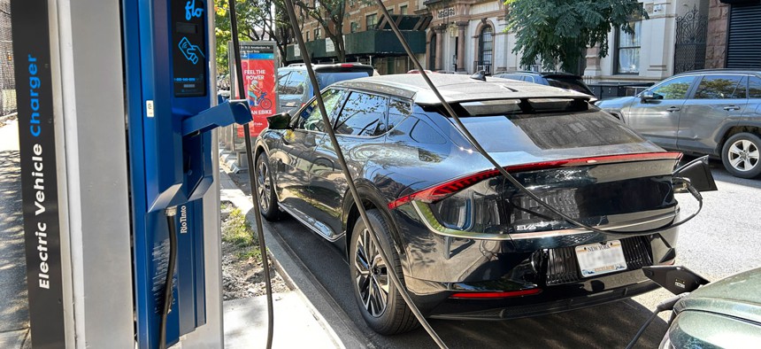 An electric vehicle charging station in New York City.