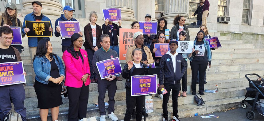 New York Working Families Party Co-executive Director Ana María Archila speaks at a WFP rally outside Brooklyn Borough Hall on Oct. 26, 2024.