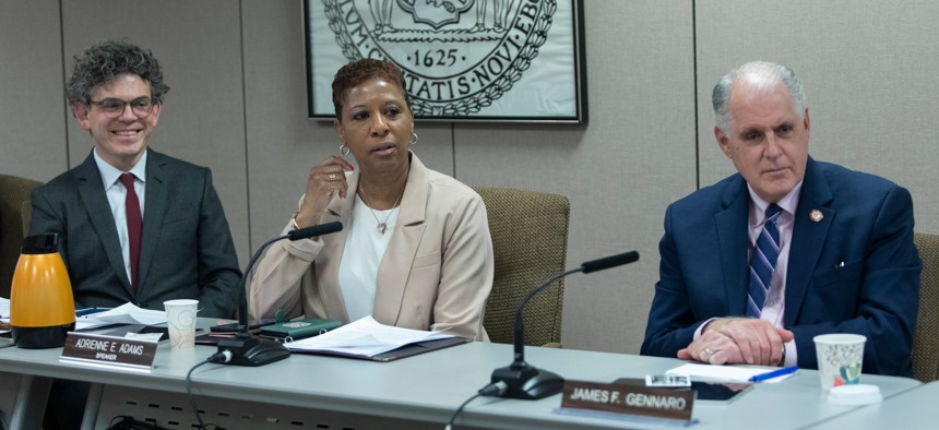 From left, City Council Members Lincoln Restler, Adrienne Adams and Jim Gennaro asked anti-corruption watchdogs about how to form a proper Charter Revision Commission.