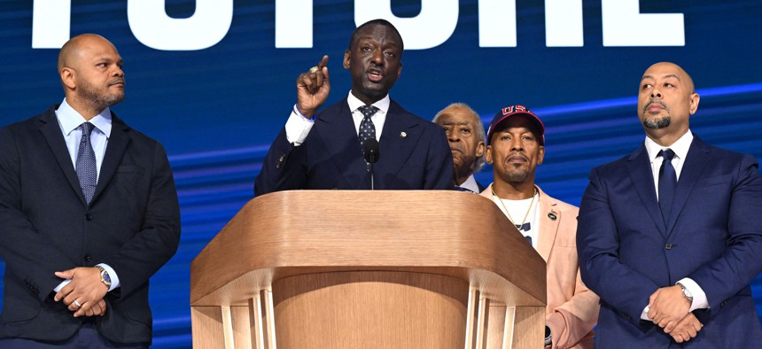 City Council Member Yusef Salaam speaks at the Democratic National Convention alongside the Rev. Al Sharpton and three other members of the “Exonerated Five:” Kevin Richardson, Korey Wise and Raymond Santana.