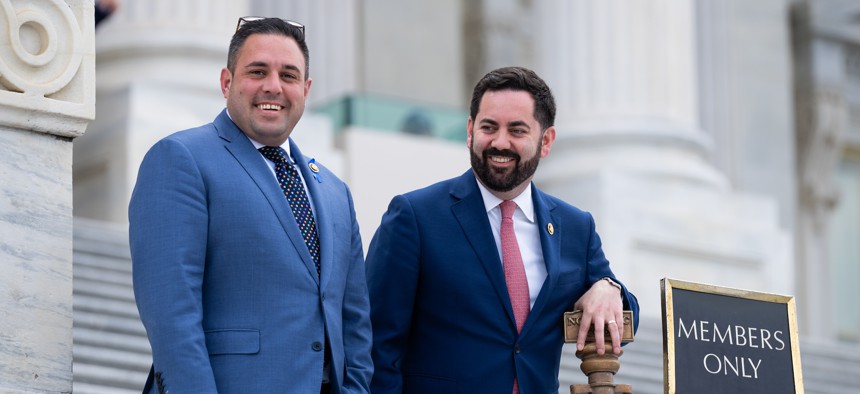 Reps. Anthony D’Esposito and Mike Lawler stand on the steps of the U.S. Capitol on May 16, 2024.