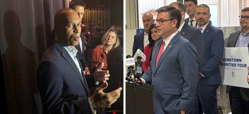 House Speaker Mike Johnson, right, and House Minority Leader Hakeem Jeffries, both visited the 19th Congressional District on Nov. 1, 2024.